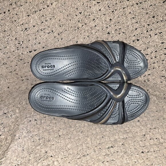 CROCS-Sanrah Metalblock Strappy Wedge Sandals-Black/Silver-Sz 10-NWOB - Picture 6 of 7